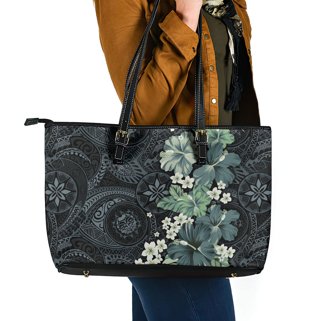 Pauliuli Hawai'i Hibiscus Leather Tote Bag Polynesian Tribal Tattoo Pattern Floral Elements LT9 - Polynesian Pride