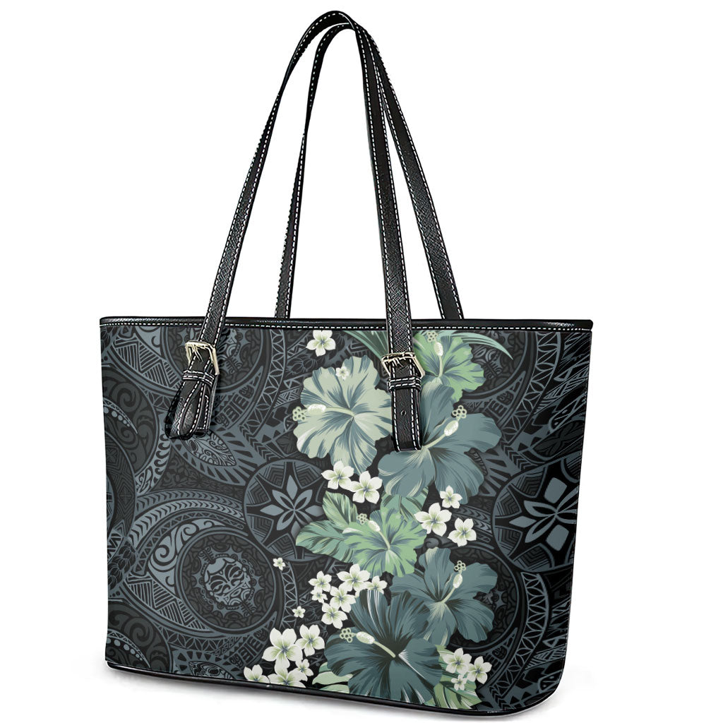 Pauliuli Hawai'i Hibiscus Leather Tote Bag Polynesian Tribal Tattoo Pattern Floral Elements LT9 - Polynesian Pride