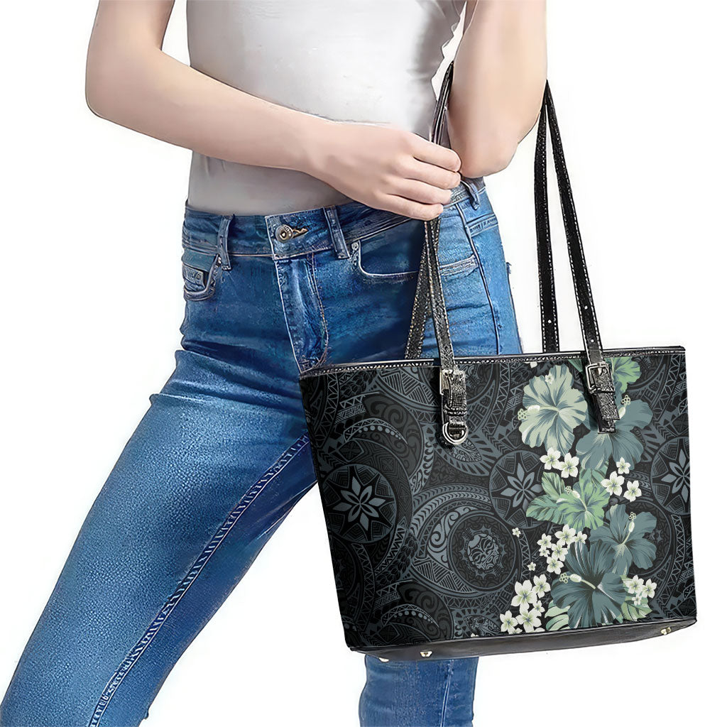 Pauliuli Hawai'i Hibiscus Leather Tote Bag Polynesian Tribal Tattoo Pattern Floral Elements LT9 - Polynesian Pride