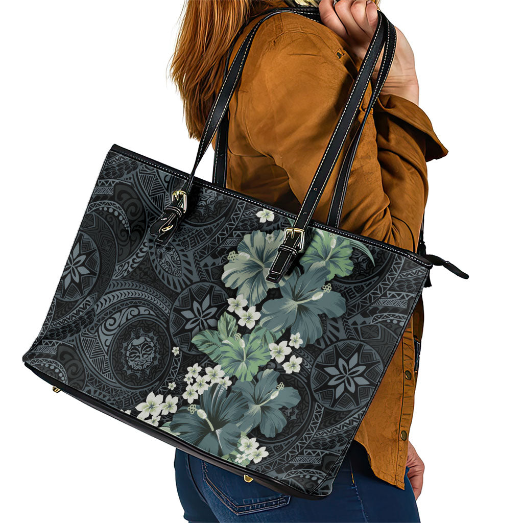 Pauliuli Hawai'i Hibiscus Leather Tote Bag Polynesian Tribal Tattoo Pattern Floral Elements LT9 - Polynesian Pride