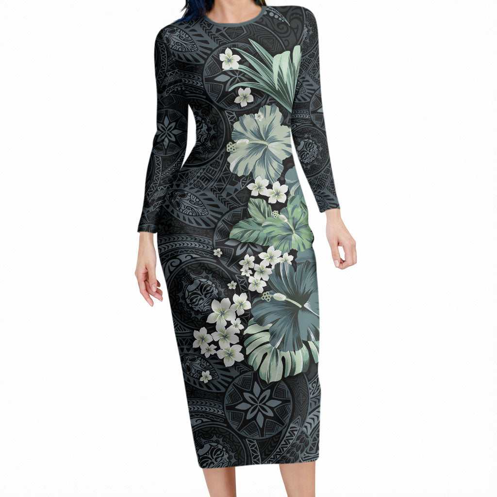 Pauliuli Hawai'i Hibiscus Long Sleeve Bodycon Dress Polynesian Tribal Tattoo Pattern Floral Elements LT9 Long Dress Charcoal Blue - Polynesian Pride