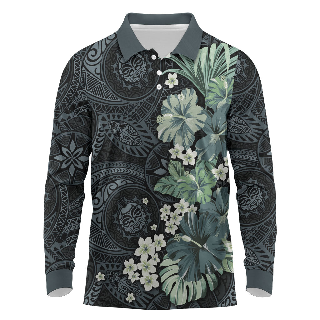 Pauliuli Hawai'i Hibiscus Long Sleeve Polo Shirt Polynesian Tribal Tattoo Pattern Floral Elements LT9 Charcoal Blue - Polynesian Pride
