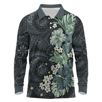 Pauliuli Hawai'i Hibiscus Long Sleeve Polo Shirt Polynesian Tribal Tattoo Pattern Floral Elements LT9 Charcoal Blue - Polynesian Pride
