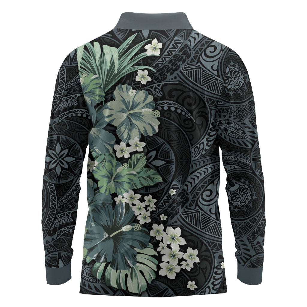 Pauliuli Hawai'i Hibiscus Long Sleeve Polo Shirt Polynesian Tribal Tattoo Pattern Floral Elements LT9 - Polynesian Pride