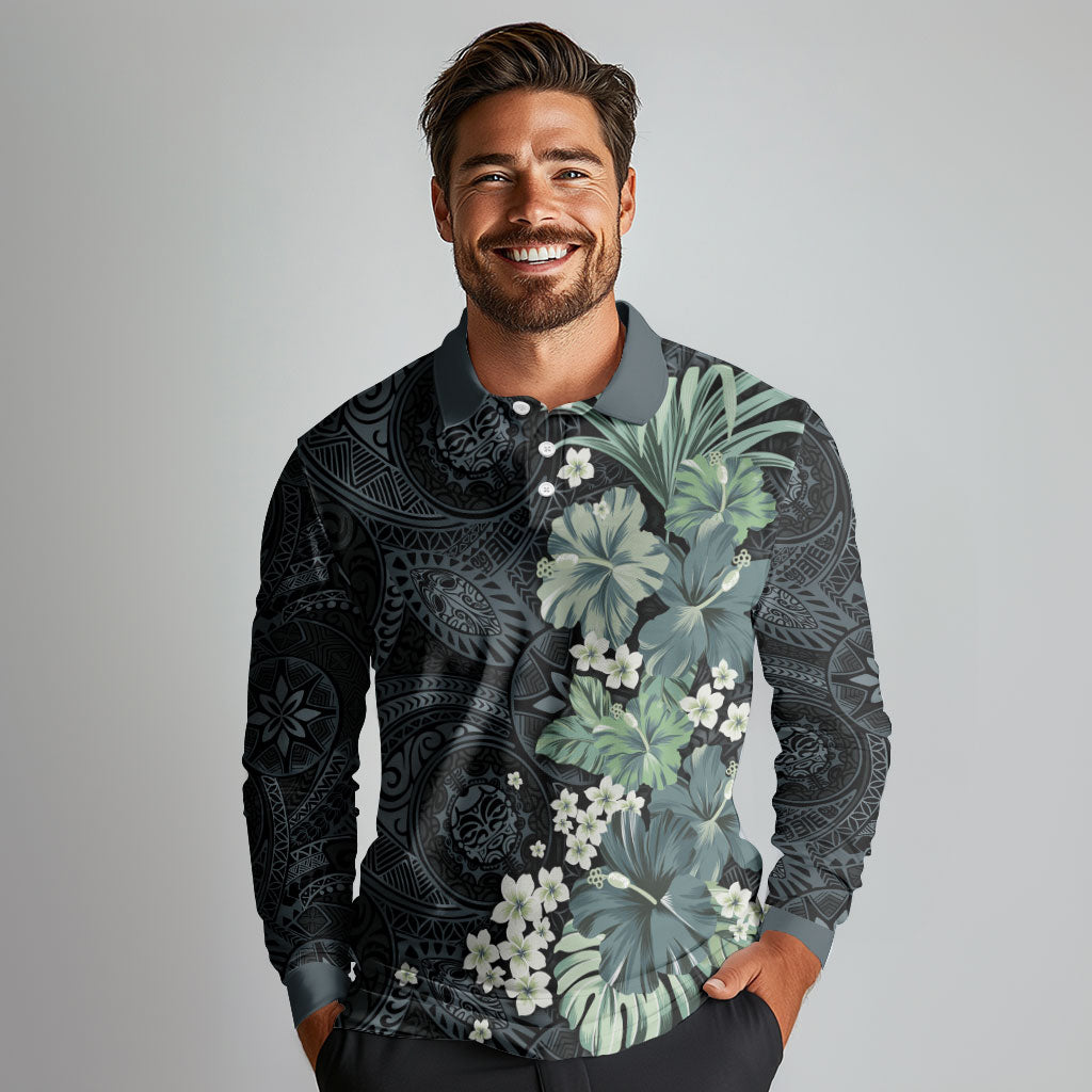 Pauliuli Hawai'i Hibiscus Long Sleeve Polo Shirt Polynesian Tribal Tattoo Pattern Floral Elements LT9 - Polynesian Pride