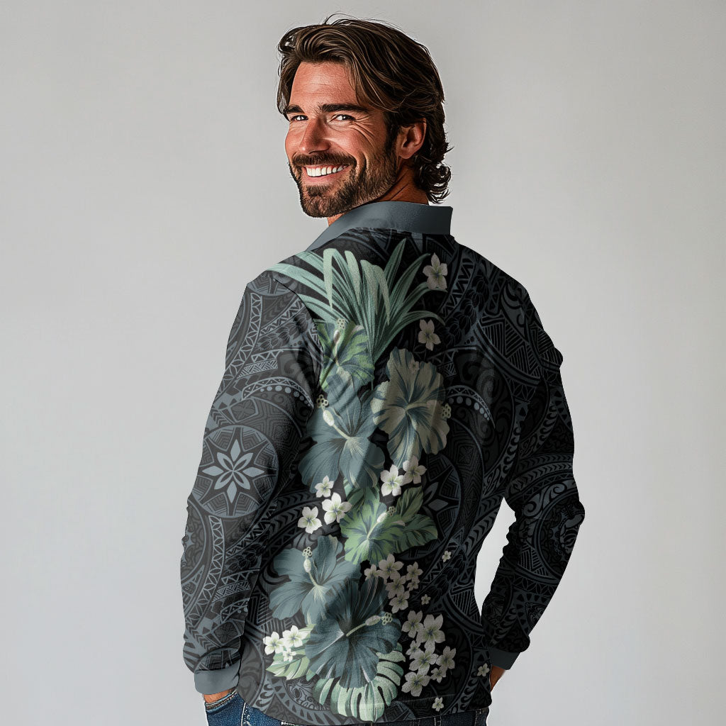 Pauliuli Hawai'i Hibiscus Long Sleeve Polo Shirt Polynesian Tribal Tattoo Pattern Floral Elements LT9 - Polynesian Pride
