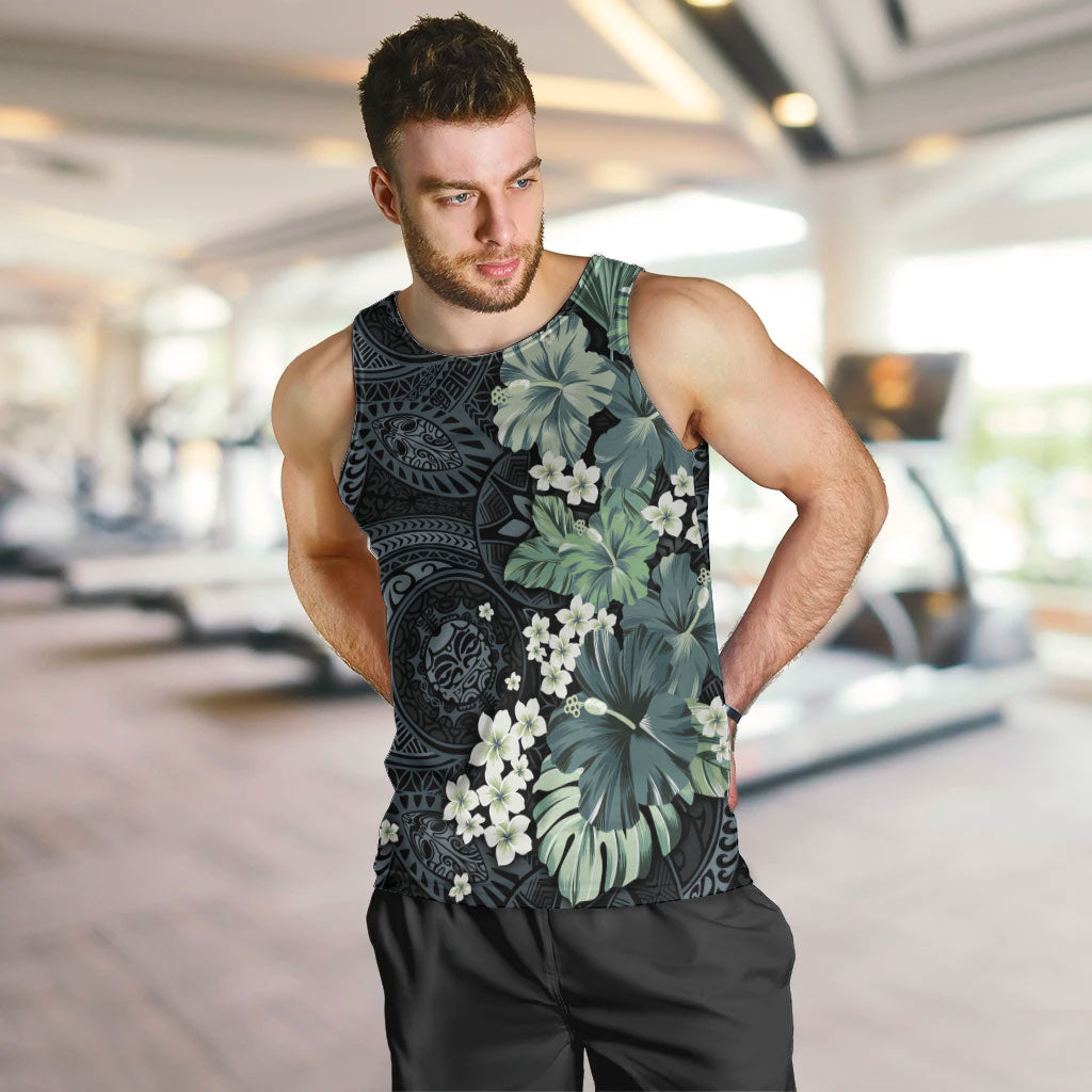 Pauliuli Hawai'i Hibiscus Men Tank Top Polynesian Tribal Tattoo Pattern Floral Elements LT9 Charcoal Blue - Polynesian Pride