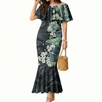 Pauliuli Hawai'i Hibiscus Mermaid Dress Polynesian Tribal Tattoo Pattern Floral Elements LT9 Women Charcoal Blue - Polynesian Pride
