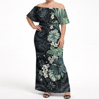 Pauliuli Hawai'i Hibiscus Off Shoulder Maxi Dress Polynesian Tribal Tattoo Pattern Floral Elements LT9 Women Charcoal Blue - Polynesian Pride