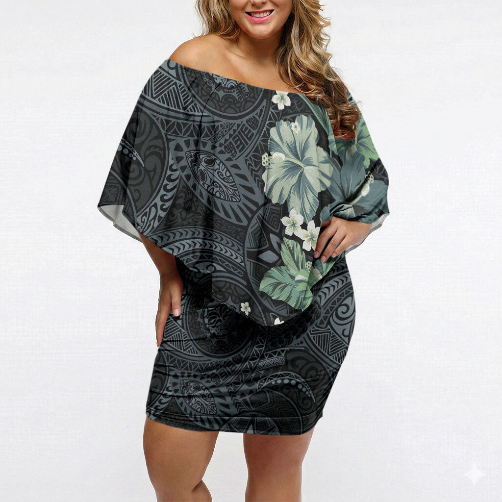 Pauliuli Hawai'i Hibiscus Off Shoulder Short Dress Polynesian Tribal Tattoo Pattern Floral Elements LT9 Women Charcoal Blue - Polynesian Pride