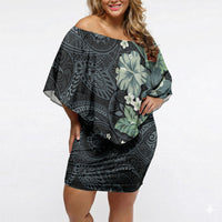 Pauliuli Hawai'i Hibiscus Off Shoulder Short Dress Polynesian Tribal Tattoo Pattern Floral Elements LT9 Women Charcoal Blue - Polynesian Pride