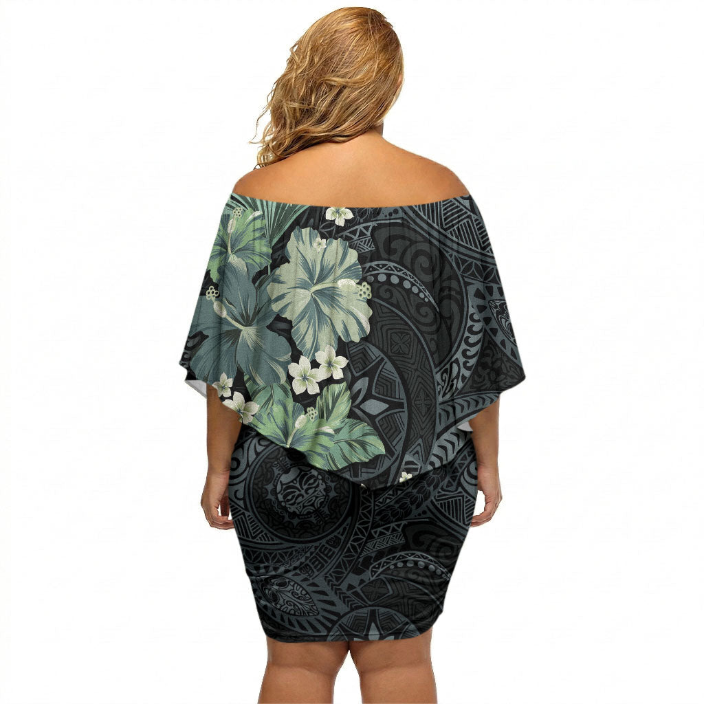 Pauliuli Hawai'i Hibiscus Off Shoulder Short Dress Polynesian Tribal Tattoo Pattern Floral Elements LT9 - Polynesian Pride