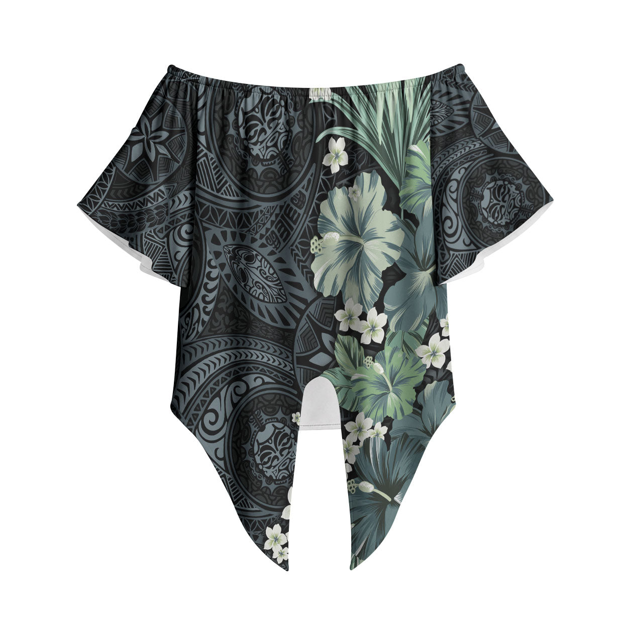 Pauliuli Hawai'i Hibiscus Off Shoulder Wrap Waist Top Polynesian Tribal Tattoo Pattern Floral Elements LT9 Charcoal Blue - Polynesian Pride