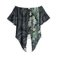 Pauliuli Hawai'i Hibiscus Off Shoulder Wrap Waist Top Polynesian Tribal Tattoo Pattern Floral Elements LT9 Charcoal Blue - Polynesian Pride