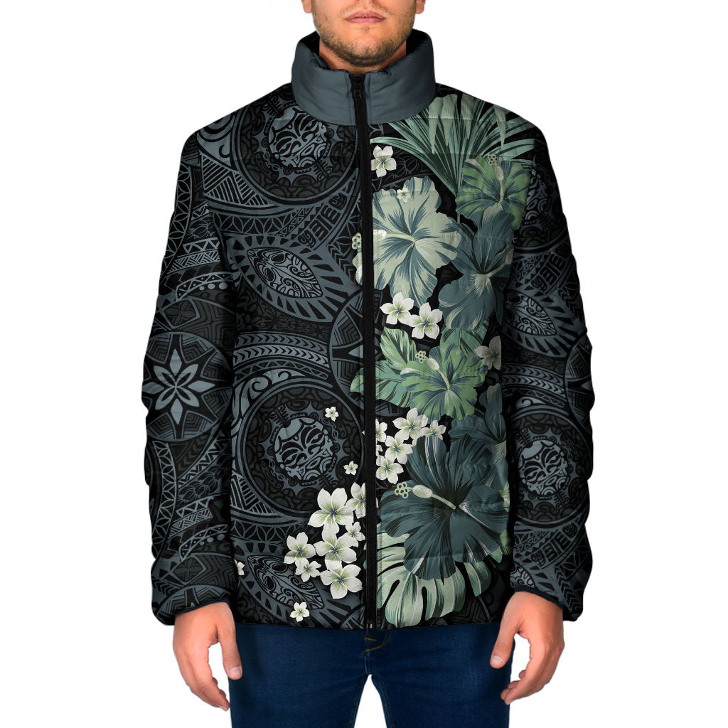 Pauliuli Hawai'i Hibiscus Padded Jacket Polynesian Tribal Tattoo Pattern Floral Elements LT9 Men Charcoal Blue - Polynesian Pride