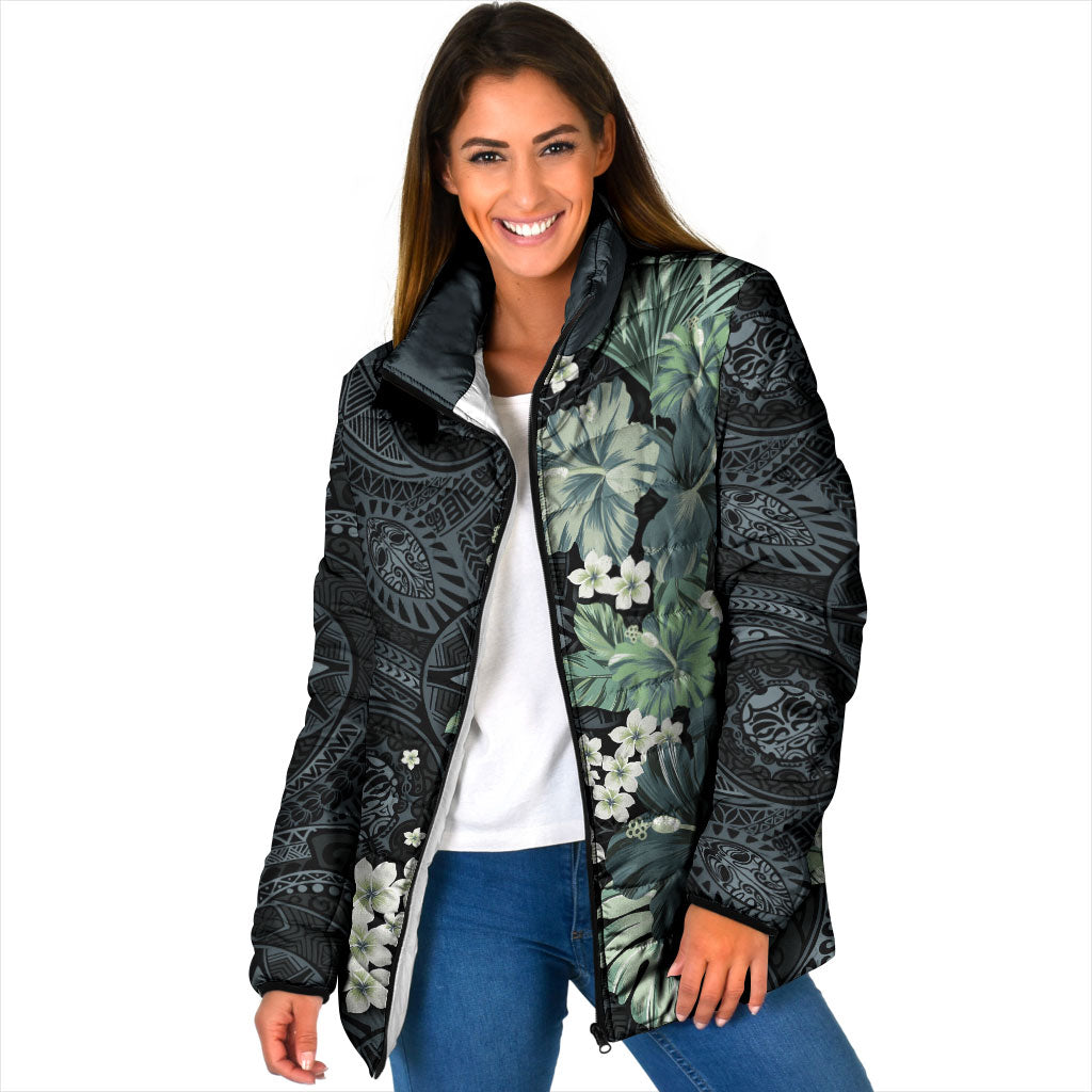 Pauliuli Hawai'i Hibiscus Padded Jacket Polynesian Tribal Tattoo Pattern Floral Elements LT9 Women Charcoal Blue - Polynesian Pride