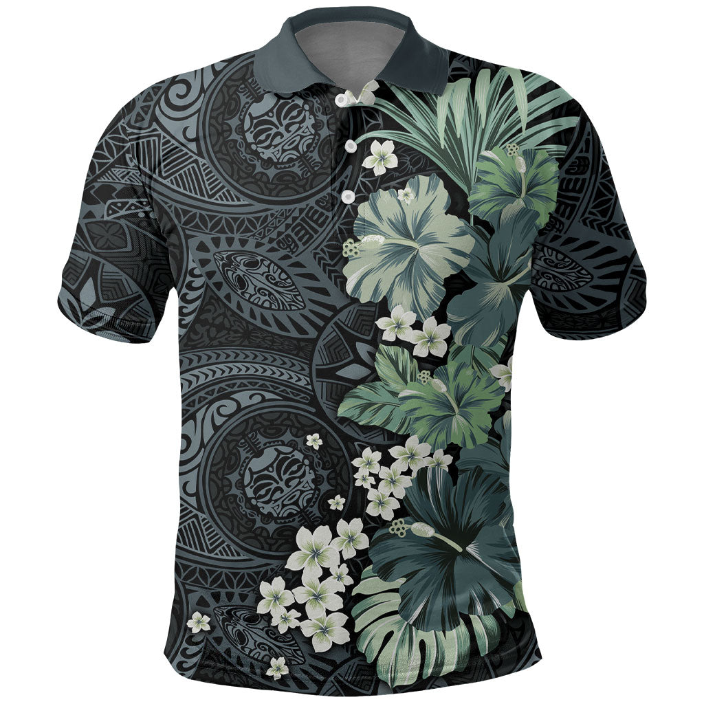 Pauliuli Hawai'i Hibiscus Polo Shirt Polynesian Tribal Tattoo Pattern Floral Elements LT9 Charcoal Blue - Polynesian Pride