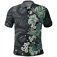 Pauliuli Hawai'i Hibiscus Polo Shirt Polynesian Tribal Tattoo Pattern Floral Elements LT9 Charcoal Blue - Polynesian Pride
