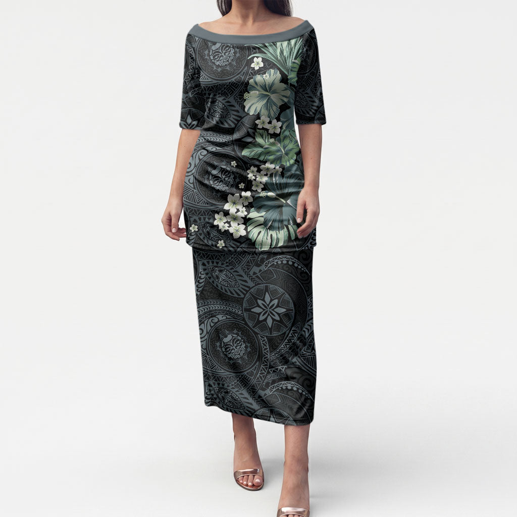 Pauliuli Hawai'i Hibiscus Puletasi Polynesian Tribal Tattoo Pattern Floral Elements LT9 Long Dress Charcoal Blue - Polynesian Pride