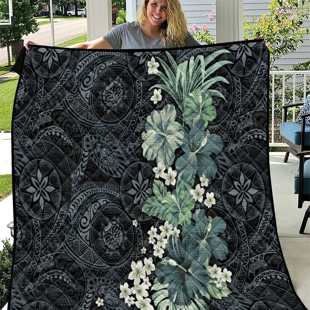 Pauliuli Hawai'i Hibiscus Quilt Polynesian Tribal Tattoo Pattern Floral Elements LT9 Charcoal Blue - Polynesian Pride