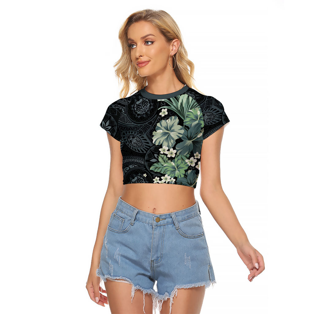 Pauliuli Hawai'i Hibiscus Raglan Cropped T Shirt Polynesian Tribal Tattoo Pattern Floral Elements LT9 Female Charcoal Blue - Polynesian Pride