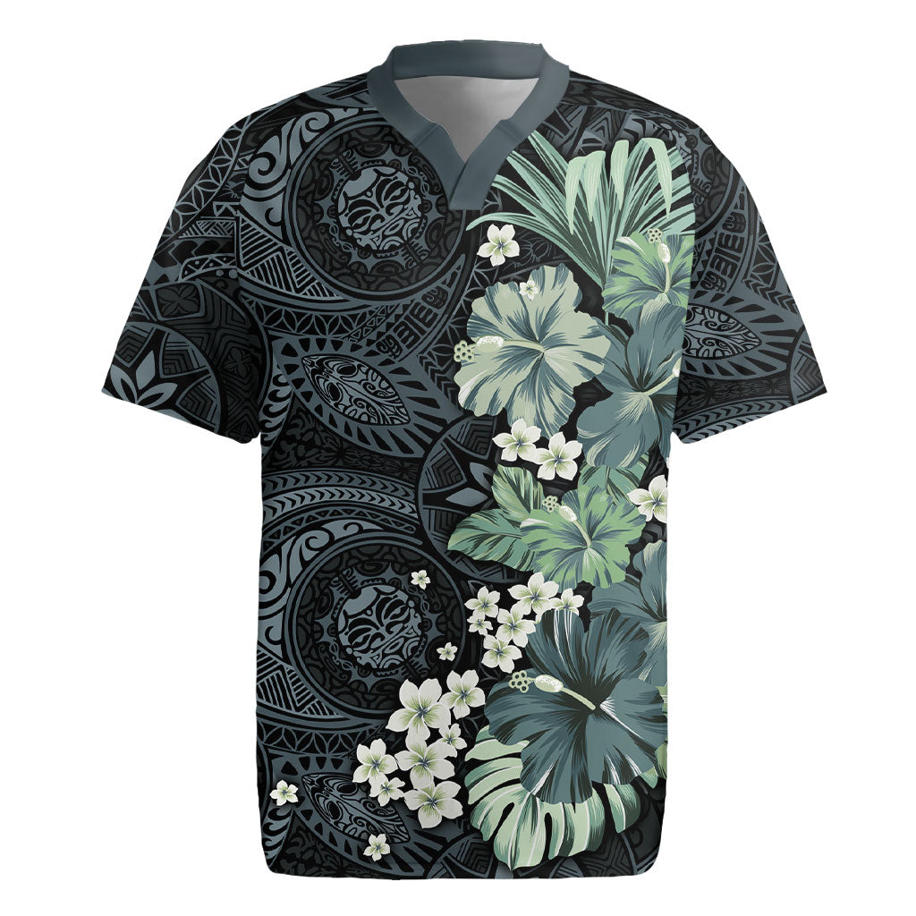 Pauliuli Hawai'i Hibiscus Rugby Jersey Polynesian Tribal Tattoo Pattern Floral Elements LT9 Charcoal Blue - Polynesian Pride