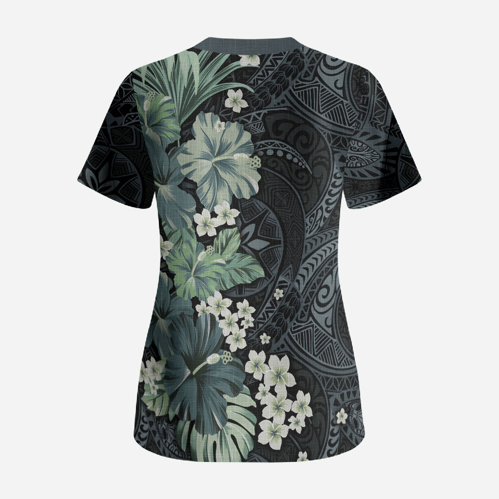 Pauliuli Hawai'i Hibiscus Scrub Top Polynesian Tribal Tattoo Pattern Floral Elements LT9 - Polynesian Pride