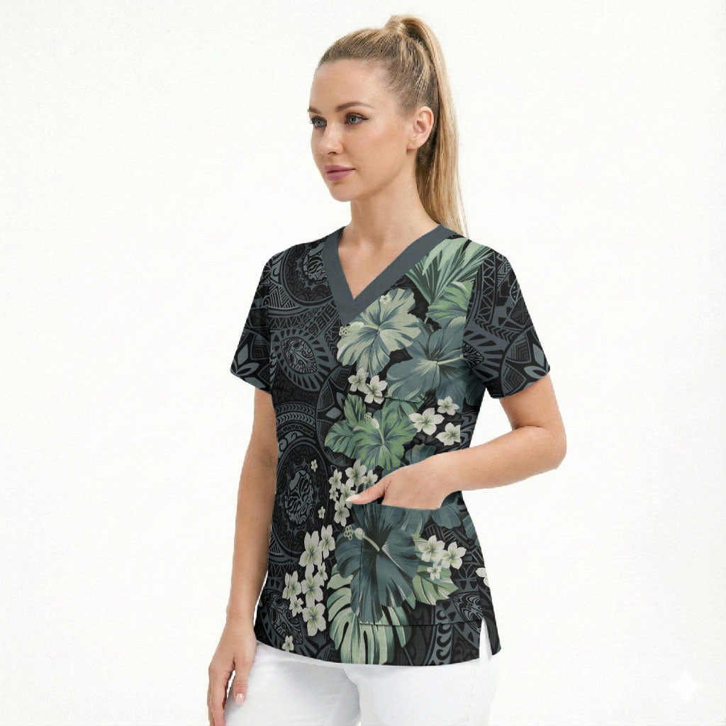 Pauliuli Hawai'i Hibiscus Scrub Top Polynesian Tribal Tattoo Pattern Floral Elements LT9 - Polynesian Pride