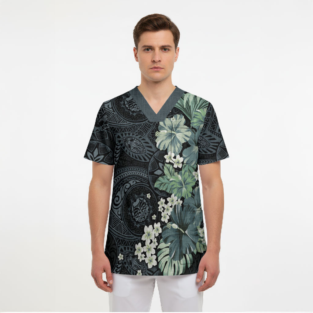 Pauliuli Hawai'i Hibiscus Scrub Top Polynesian Tribal Tattoo Pattern Floral Elements LT9 - Polynesian Pride
