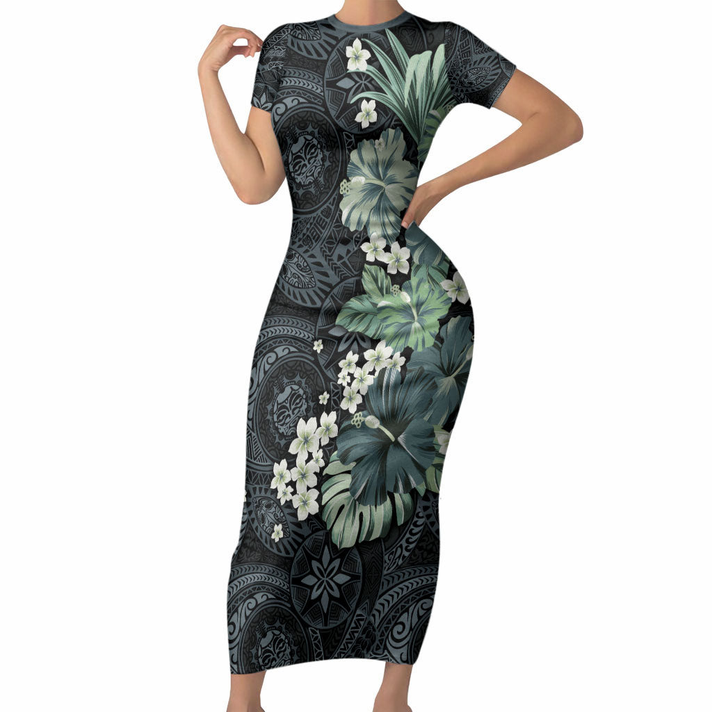 Pauliuli Hawai'i Hibiscus Short Sleeve Bodycon Dress Polynesian Tribal Tattoo Pattern Floral Elements LT9 Long Dress Charcoal Blue - Polynesian Pride