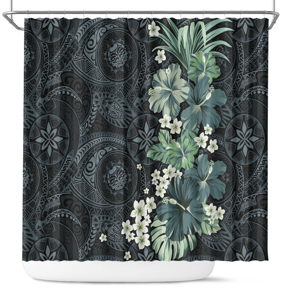 Pauliuli Hawai'i Hibiscus Shower Curtain Polynesian Tribal Tattoo Pattern Floral Elements LT9 Charcoal Blue - Polynesian Pride