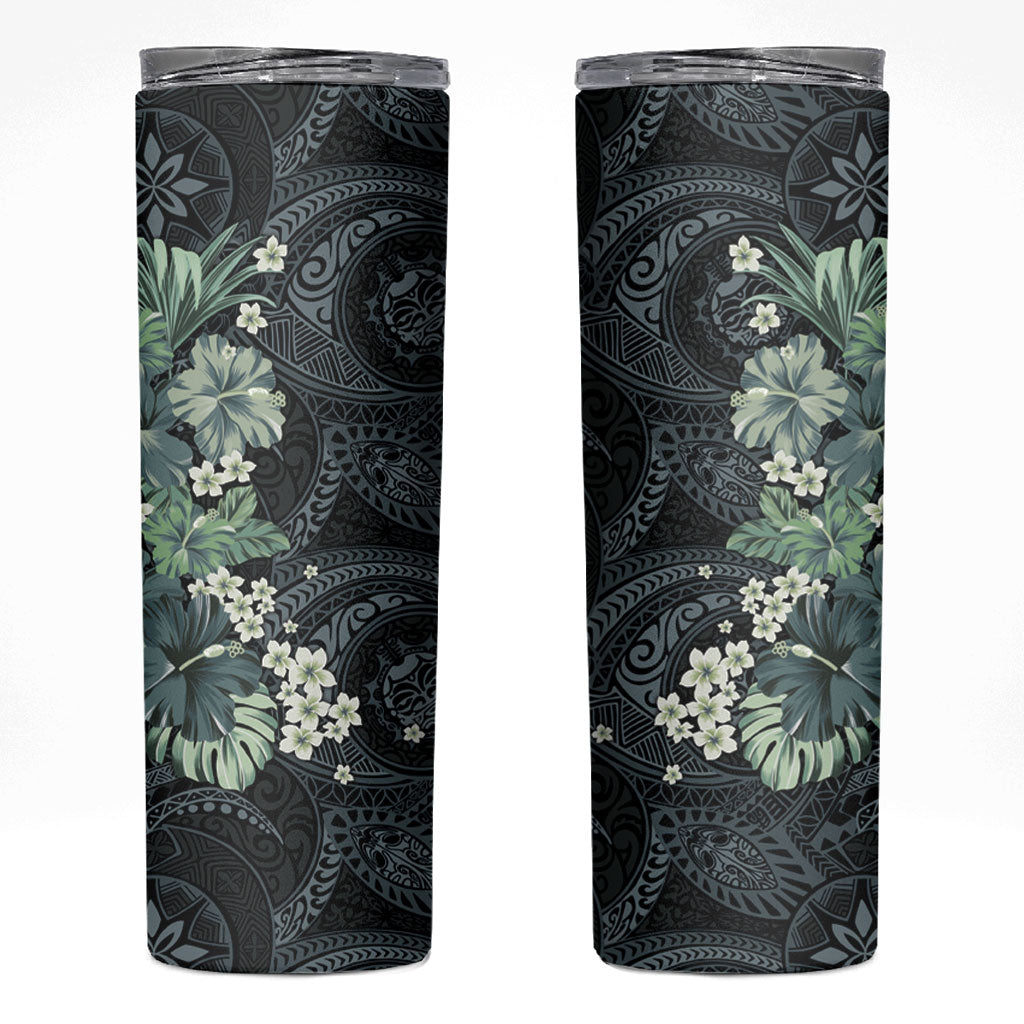 Pauliuli Hawai'i Hibiscus Skinny Tumbler Polynesian Tribal Tattoo Pattern Floral Elements LT9 Charcoal Blue - Polynesian Pride