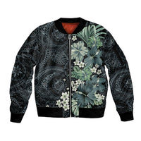Pauliuli Hawai'i Hibiscus Sleeve Zip Bomber Jacket Polynesian Tribal Tattoo Pattern Floral Elements LT9 Unisex Charcoal Blue - Polynesian Pride