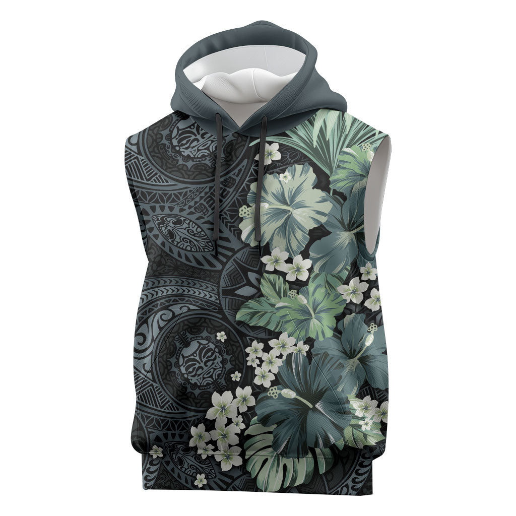 Pauliuli Hawai'i Hibiscus Sleeveless Hoodie Polynesian Tribal Tattoo Pattern Floral Elements LT9 Charcoal Blue - Polynesian Pride