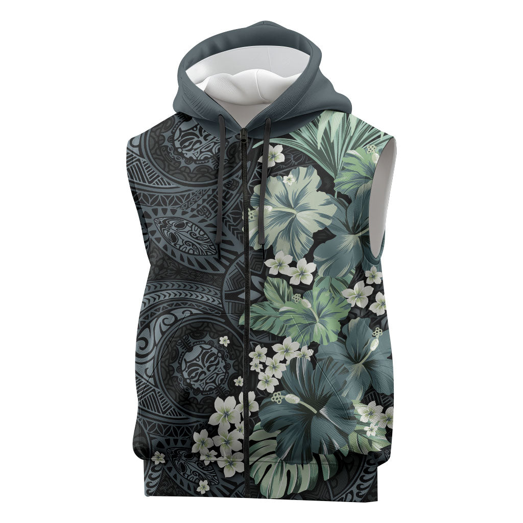 Pauliuli Hawai'i Hibiscus Sleeveless Zip Hoodie Polynesian Tribal Tattoo Pattern Floral Elements LT9 Charcoal Blue - Polynesian Pride