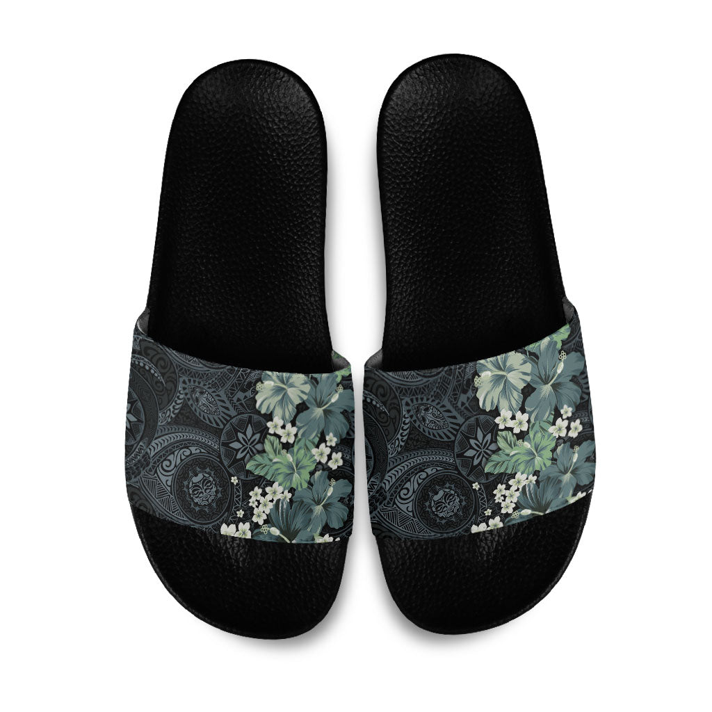 Pauliuli Hawai'i Hibiscus Slide Sandals Polynesian Tribal Tattoo Pattern Floral Elements LT9 Charcoal Blue - Polynesian Pride
