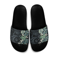 Pauliuli Hawai'i Hibiscus Slide Sandals Polynesian Tribal Tattoo Pattern Floral Elements LT9 Charcoal Blue - Polynesian Pride