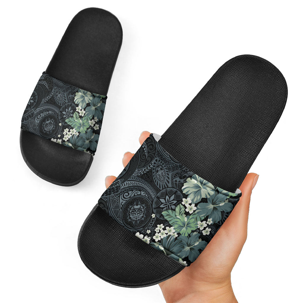 Pauliuli Hawai'i Hibiscus Slide Sandals Polynesian Tribal Tattoo Pattern Floral Elements LT9 - Polynesian Pride
