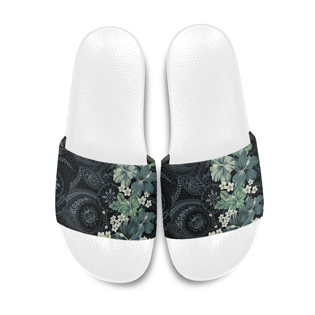 Pauliuli Hawai'i Hibiscus Slide Sandals Polynesian Tribal Tattoo Pattern Floral Elements LT9 Charcoal Blue - Polynesian Pride