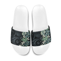 Pauliuli Hawai'i Hibiscus Slide Sandals Polynesian Tribal Tattoo Pattern Floral Elements LT9 Charcoal Blue - Polynesian Pride