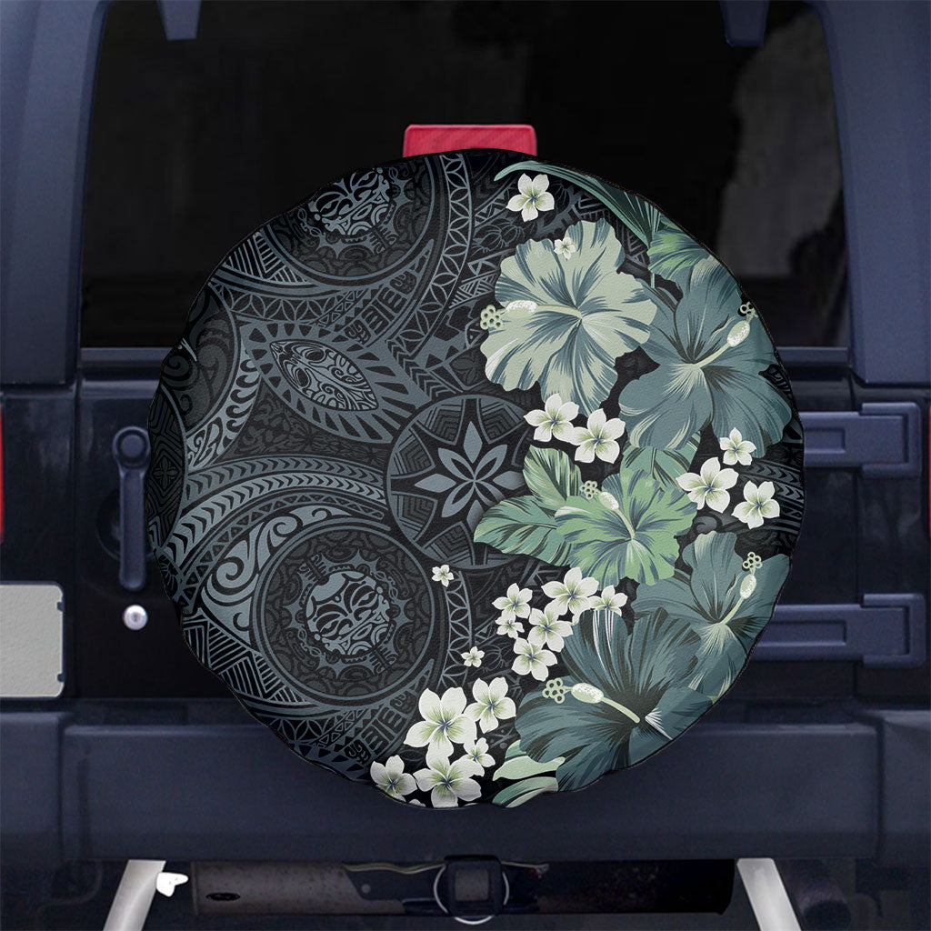 Pauliuli Hawai'i Hibiscus Spare Tire Cover Polynesian Tribal Tattoo Pattern Floral Elements LT9 No hole Charcoal Blue - Polynesian Pride