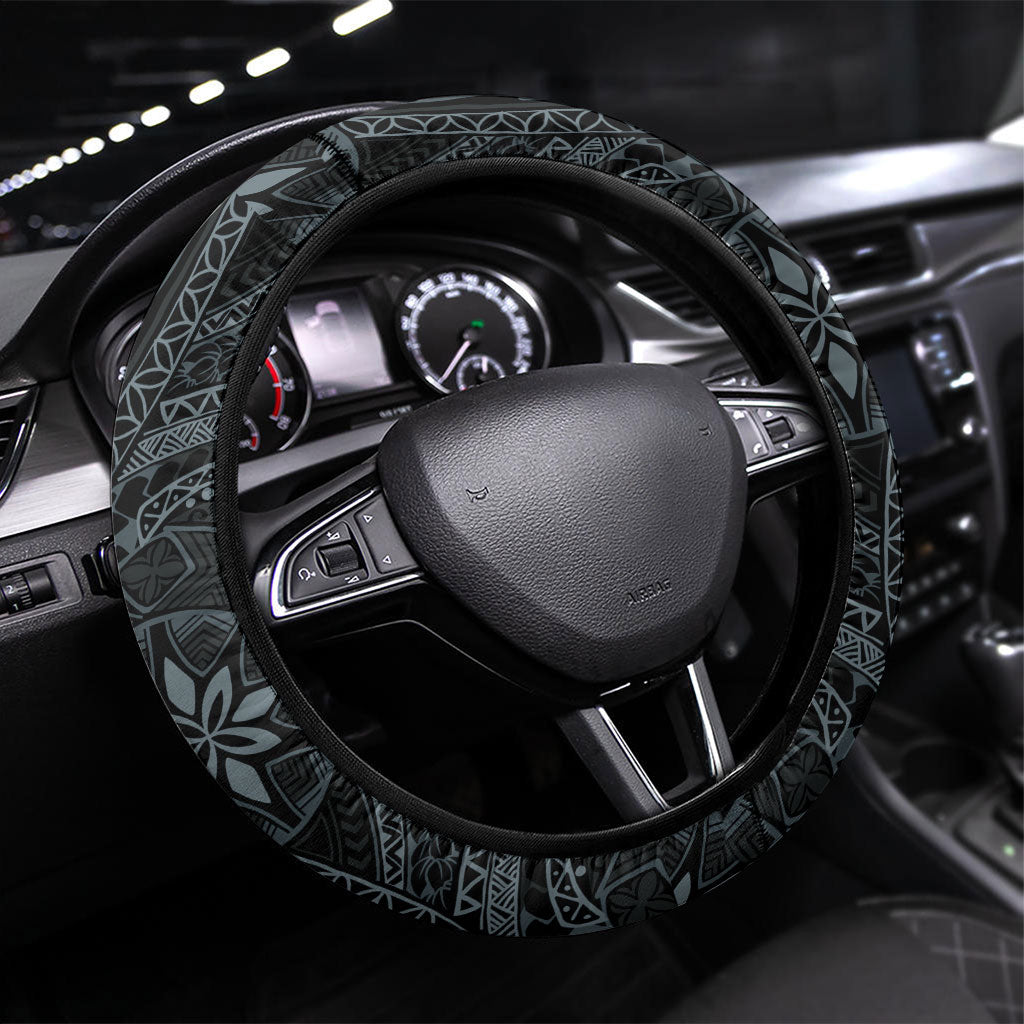 Pauliuli Hawai'i Hibiscus Steering Wheel Cover Polynesian Tribal Tattoo Pattern Floral Elements LT9 Universal Fit Charcoal Blue - Polynesian Pride