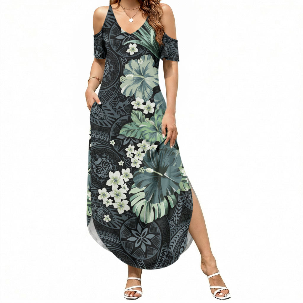 Pauliuli Hawai'i Hibiscus Summer Maxi Dress Polynesian Tribal Tattoo Pattern Floral Elements LT9 Women Charcoal Blue - Polynesian Pride