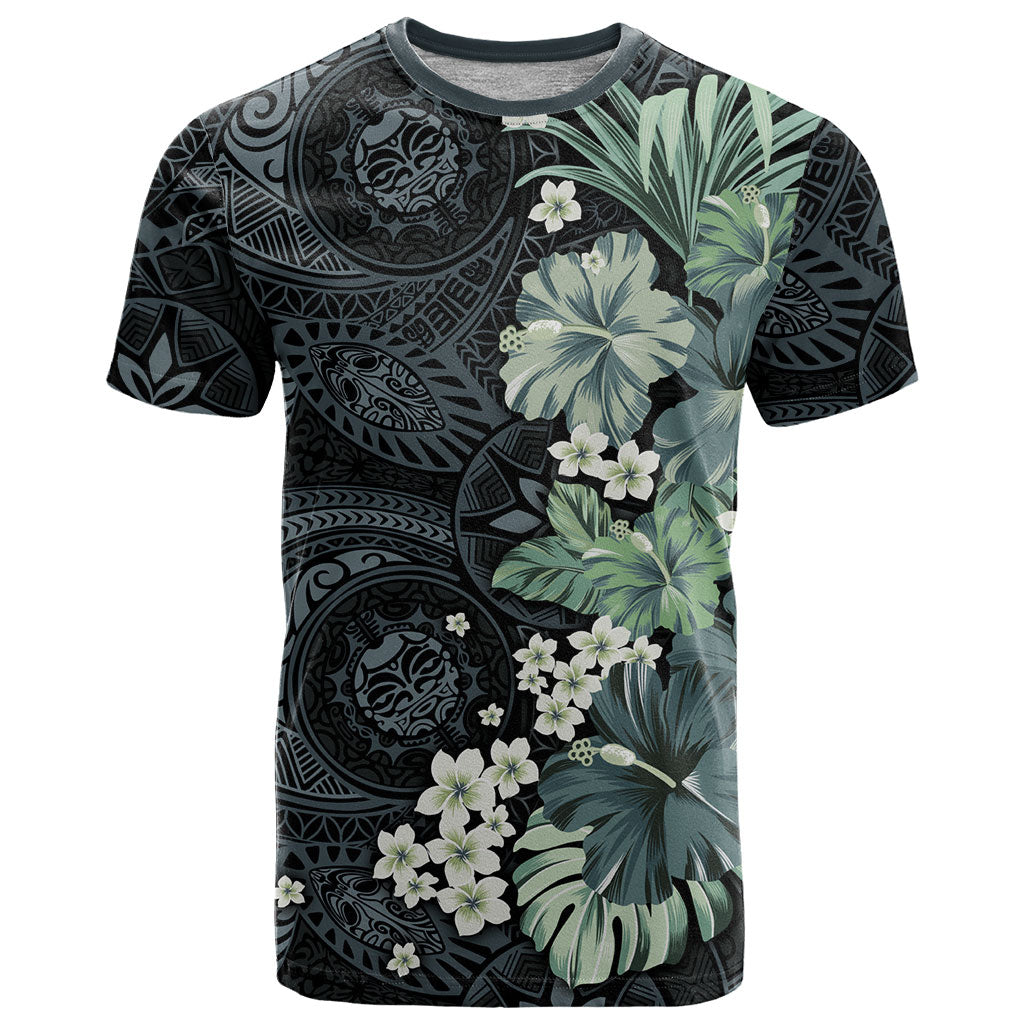 Pauliuli Hawai'i Hibiscus T Shirt Polynesian Tribal Tattoo Pattern Floral Elements LT9 Charcoal Blue - Polynesian Pride