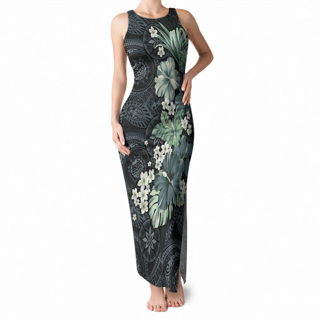 Pauliuli Hawai'i Hibiscus Tank Maxi Dress Polynesian Tribal Tattoo Pattern Floral Elements LT9 Women Charcoal Blue - Polynesian Pride