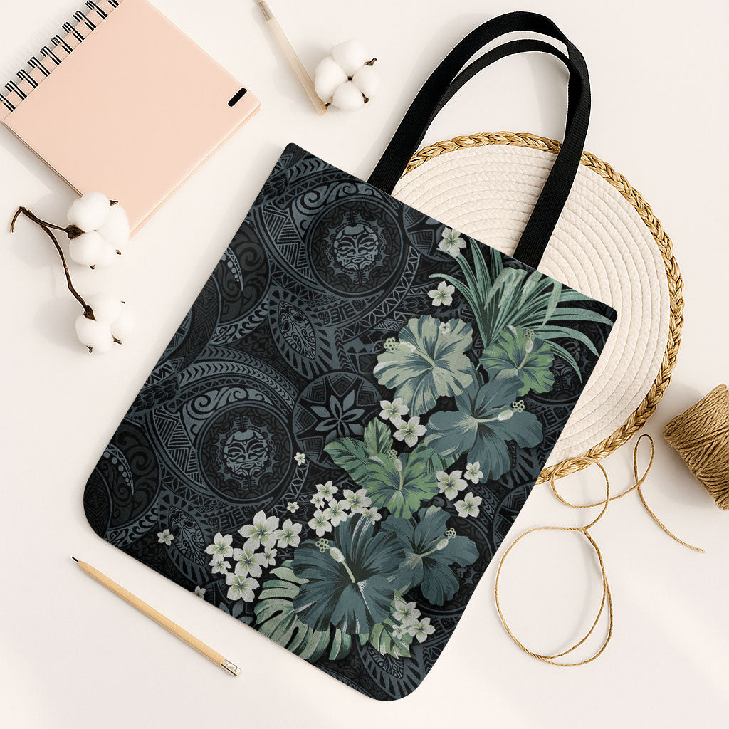 Pauliuli Hawai'i Hibiscus Tote Bag Polynesian Tribal Tattoo Pattern Floral Elements LT9 Black Strap One Size Charcoal Blue - Polynesian Pride