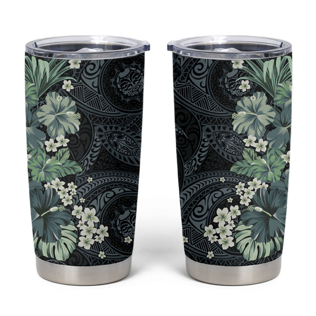 Pauliuli Hawai'i Hibiscus Tumbler Cup Polynesian Tribal Tattoo Pattern Floral Elements LT9 Charcoal Blue - Polynesian Pride