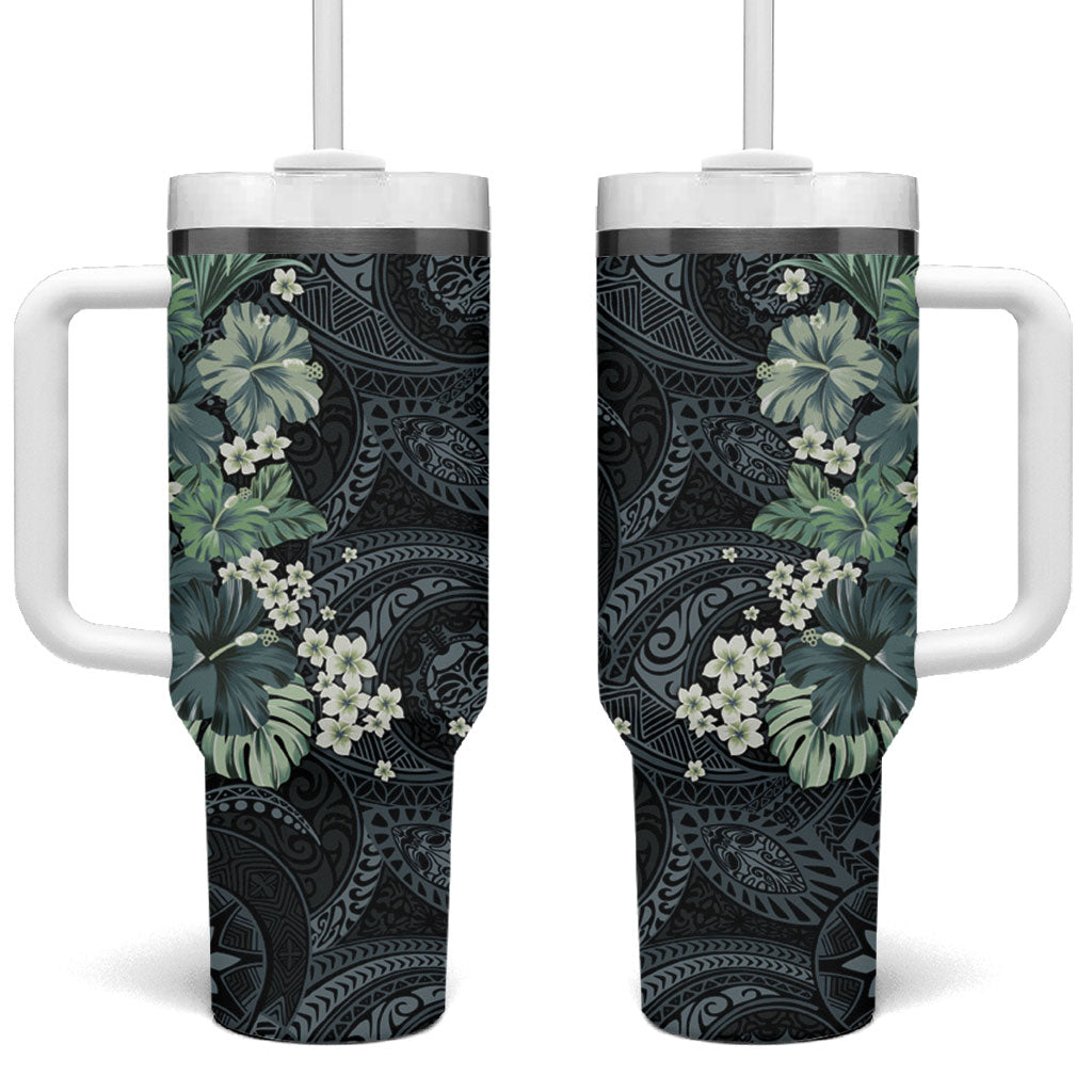 Pauliuli Hawai'i Hibiscus Tumbler With Handle Polynesian Tribal Tattoo Pattern Floral Elements LT9 One Size: 40 oz Charcoal Blue - Polynesian Pride