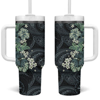 Pauliuli Hawai'i Hibiscus Tumbler With Handle Polynesian Tribal Tattoo Pattern Floral Elements LT9 One Size: 40 oz Charcoal Blue - Polynesian Pride