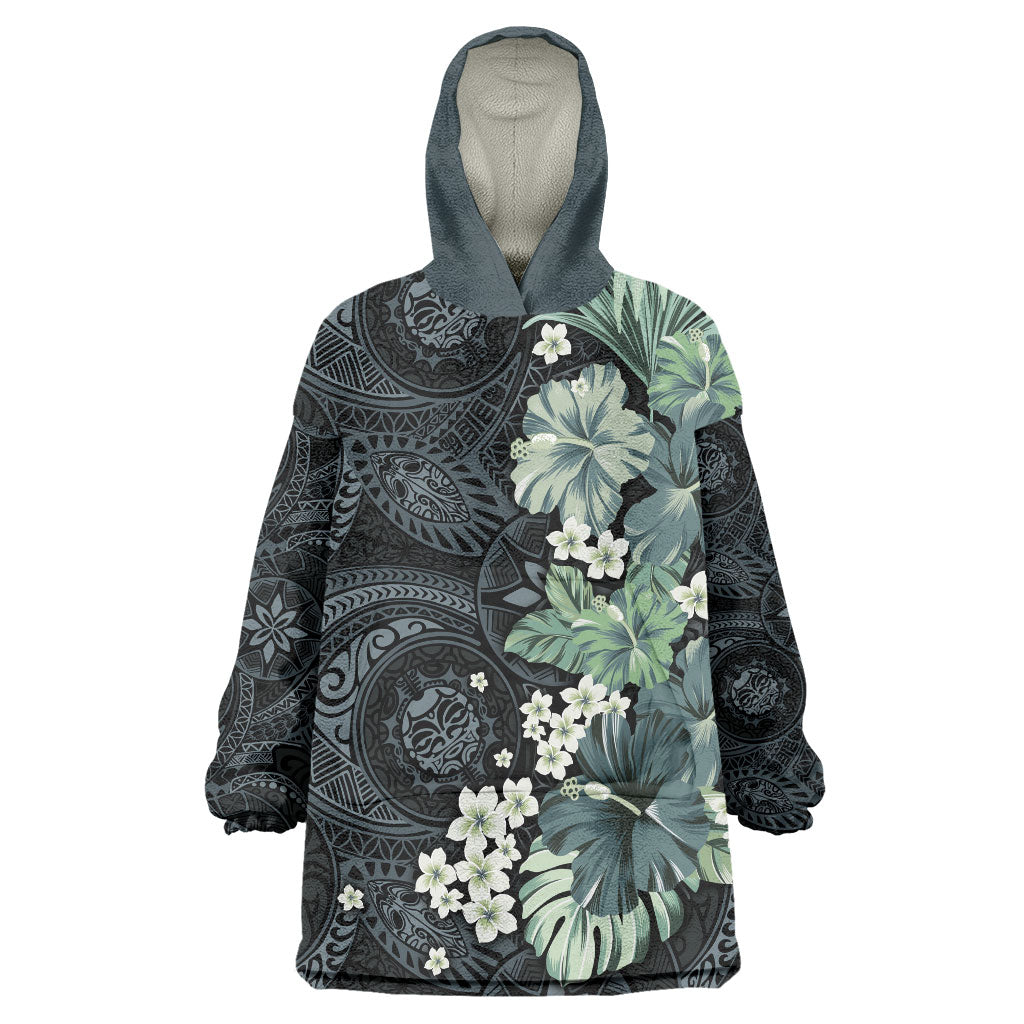 Pauliuli Hawai'i Hibiscus Wearable Blanket Hoodie Polynesian Tribal Tattoo Pattern Floral Elements LT9 One Size Charcoal Blue - Polynesian Pride